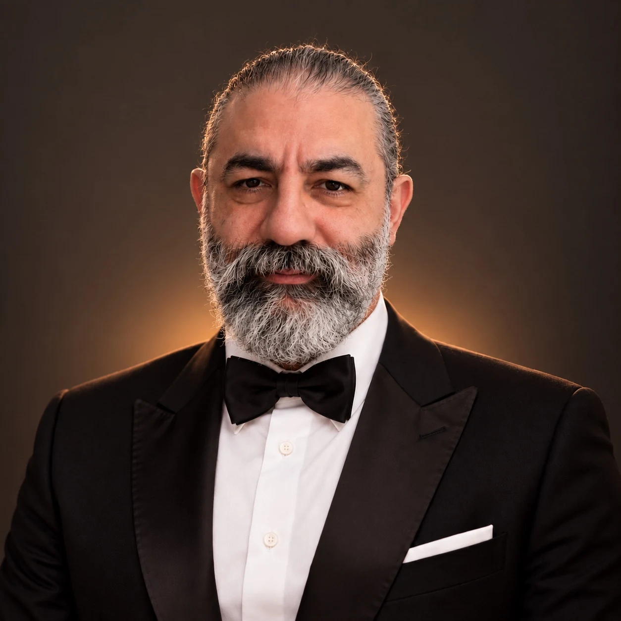 Atıf Ünaldı, siyah smokin ve papyonla